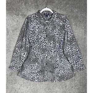 Roamans Long Sleeve Animal Print Button Up Top Shirt Womens‎ Size 24W Gray Blue